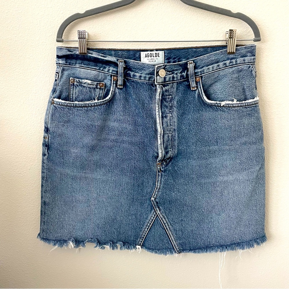 AGOLDE High Waisted Denim Medium Wash Skirt— Size 30 EU/ 10 US
